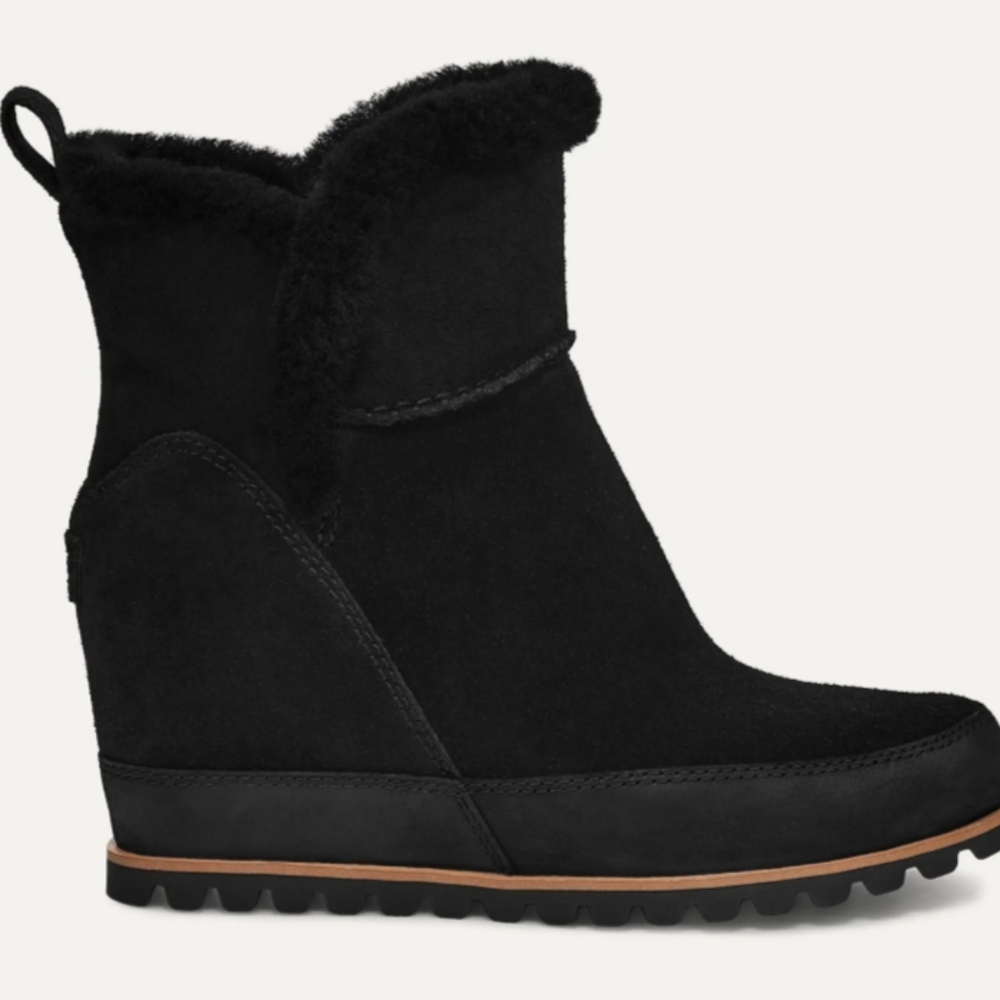 UGG Malvella Wedge Waterproof Black Suede Plush Wool 10 Boots Shearling Booties